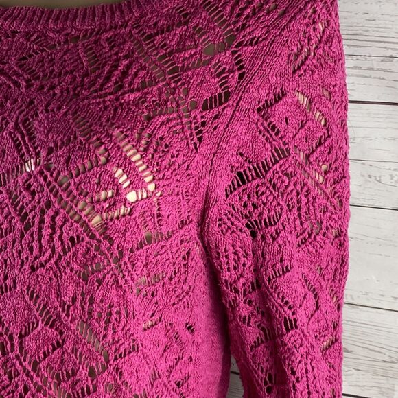 LC Lauren Conrad Sweater Medium Bright Pink Crochet Lace Front Tie Back Knit Top - Picture 6 of 12